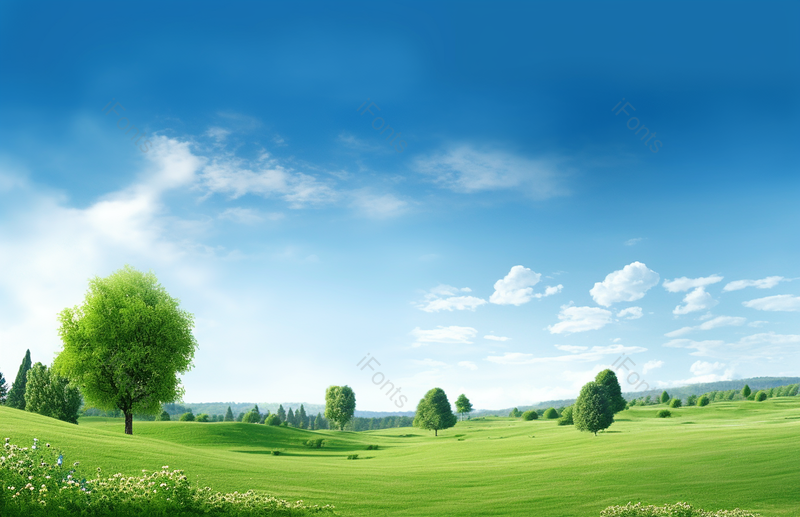 蓝天白云下的绿色田野上的风景,高清,摄影图,摄影图片,图片大全,摄影图免费下载